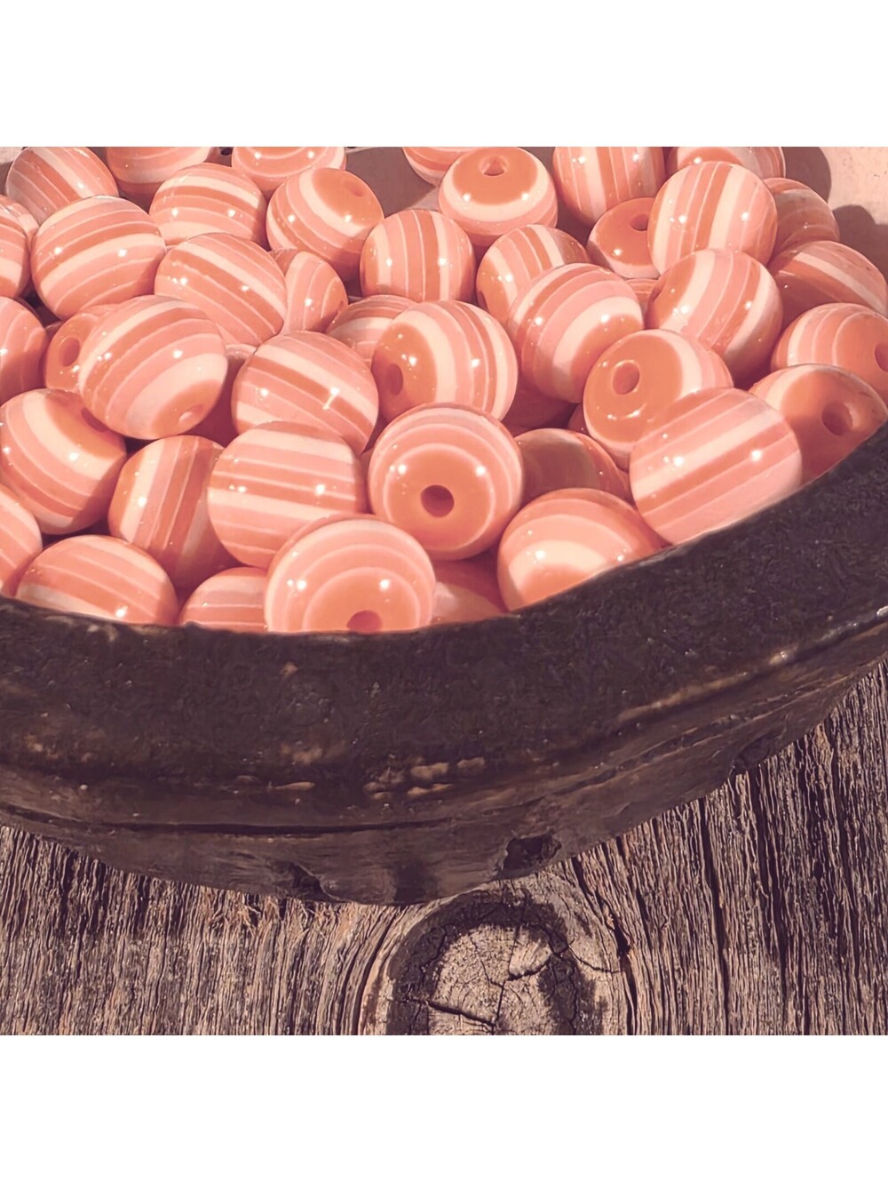 Vintage 70s Lucite Acrylic Striped 12mm Round Pink White Beads 10 pcs